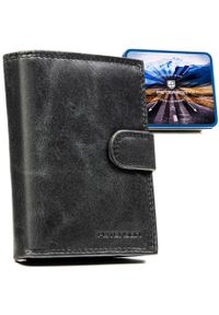 Pionowy portfel męski ze skóry naturalnej w czarnym kolorze zamykany na zatrzask - Peterson. Kolor: czarny. Materiał: skóra #1