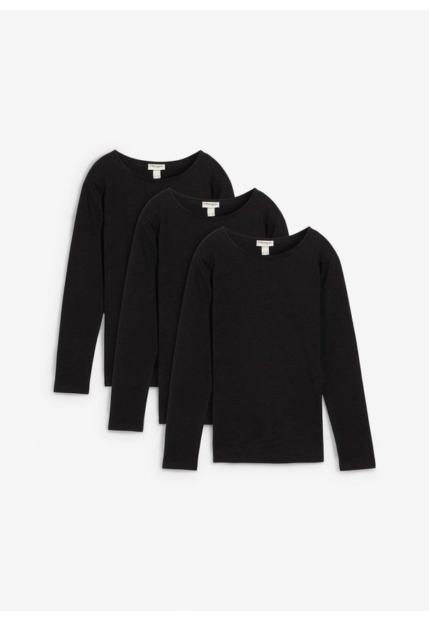 bonprix - Shirt z długim rękawem (3 szt.), z czystej bawełny. Kolor: czarny. Materiał: bawełna. Długość rękawa: długi rękaw. Długość: długie. Wzór: gładki