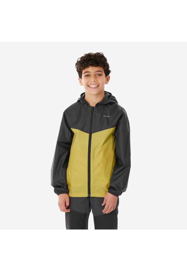 quechua - Kurtka turystyczna dla dzieci Quechua MH100 wodoodporna. Kolor: szary, wielokolorowy, zielony. Materiał: materiał. Sezon: lato. Styl: sportowy. Sport: turystyka piesza