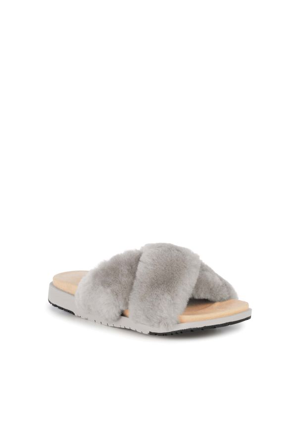 emu - Klapki Emu Mareeba Dove Grey, Szary, Futro naturalne. Kolor: szary. Materiał: skóra. Wzór: paski. Styl: elegancki