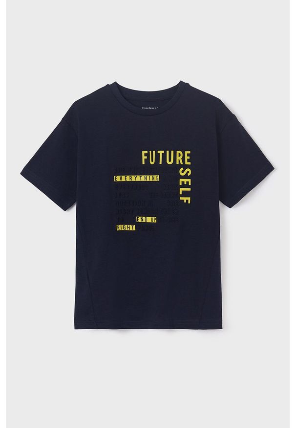 Mayoral T-shirt bawełniany dziecięcy kolor granatowy z nadrukiem. Okazja: na co dzień. Kolor: niebieski. Materiał: bawełna. Wzór: nadruk. Styl: casual