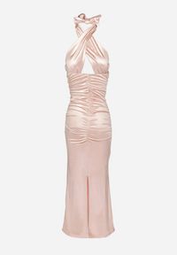 Born2be - Różowa Satynowa Sukienka Wiązana na Szyi z Wycięciem pod Biustem i Różyczką Roneza. Kolor: różowy. Materiał: satyna. Styl: elegancki #2