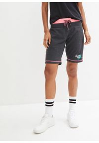 bonprix - Szorty dresowe z materiału z bawełną. Kolor: szary. Materiał: bawełna, materiał, dresówka. Wzór: prążki, haft #1