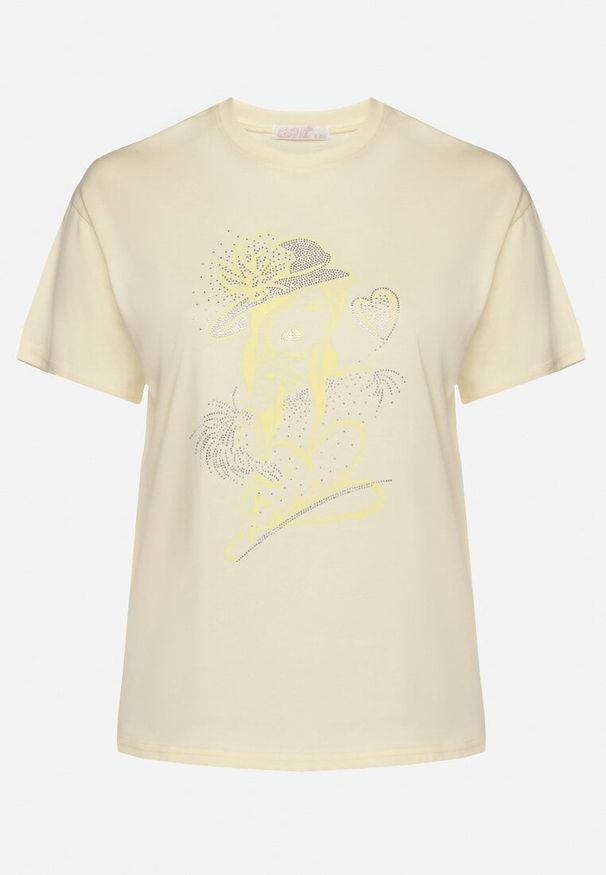 Born2be - Jasnożółty T-shirt z Bawełny z Cyrkoniowym Nadrukiem Sovtebia. Okazja: na co dzień. Kolor: żółty. Materiał: bawełna. Wzór: nadruk. Sezon: lato. Styl: klasyczny, casual
