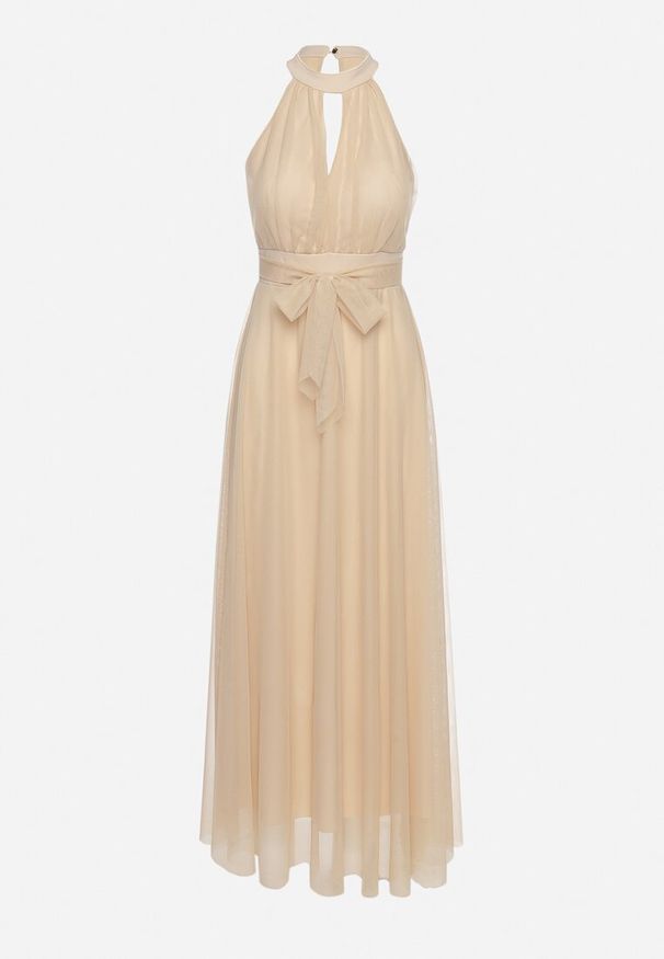 Born2be - Beżowa Wieczorowa Sukienka ze Stójką Wiązana w Talii Ozdobiona Siateczką Nestasoni. Okazja: na imprezę. Typ kołnierza: kołnierzyk stójkowy. Kolor: beżowy. Materiał: satyna. Długość rękawa: bez rękawów. Wzór: aplikacja. Styl: wizytowy