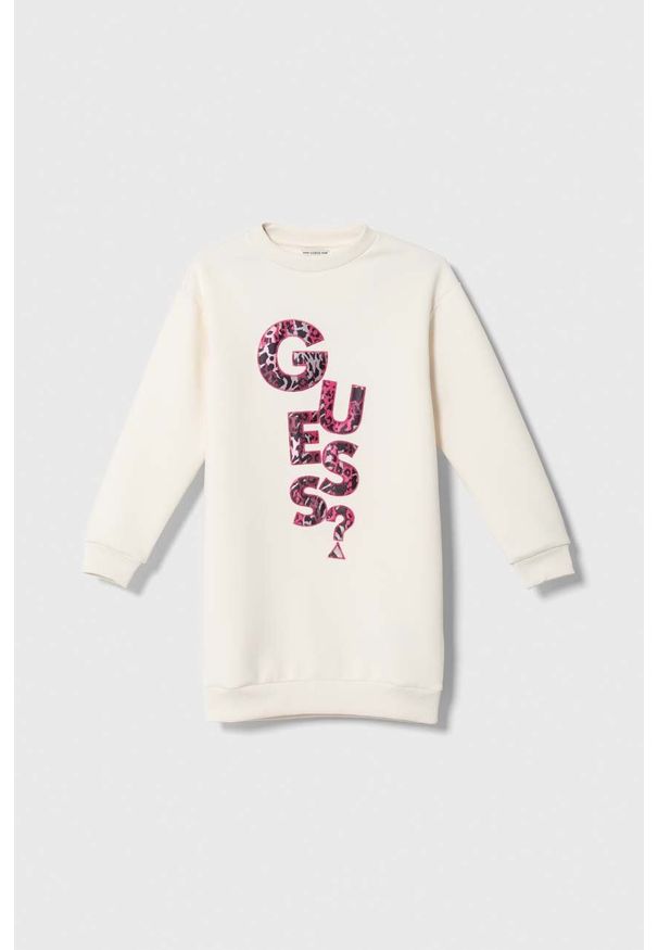Guess sukienka dziecięca kolor beżowy mini prosta. Kolor: beżowy. Wzór: aplikacja. Typ sukienki: proste. Styl: klasyczny. Długość: mini