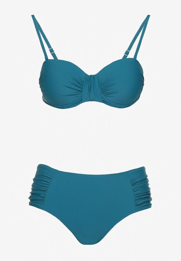 Born2be - Granatowe Bikini Usztywniany Biustonosz i Figi Ozdobione Marszczeniem Eretelli. Kolor: niebieski. Wzór: aplikacja