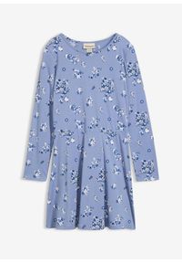 bonprix - Sukienka dziewczęca z dżerseju z czystej bawełny. Kolor: niebieski. Materiał: jersey, bawełna. Długość rękawa: długi rękaw. Wzór: aplikacja, kwiaty #1