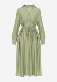 Born2be - Zielona Sukienka Koszulowa z Wiskozą z Wiązanym Paskiem Lustilla. Okazja: na co dzień. Kolor: zielony. Materiał: wiskoza. Typ sukienki: koszulowe. Styl: casual, elegancki, klasyczny #6