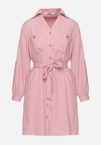 Born2be - Różowa Rozkloszowana Sukienka Koszulowa z Wiązanym Paskiem Vinala. Okazja: na co dzień. Kolor: różowy. Materiał: materiał. Typ sukienki: koszulowe. Styl: casual #4