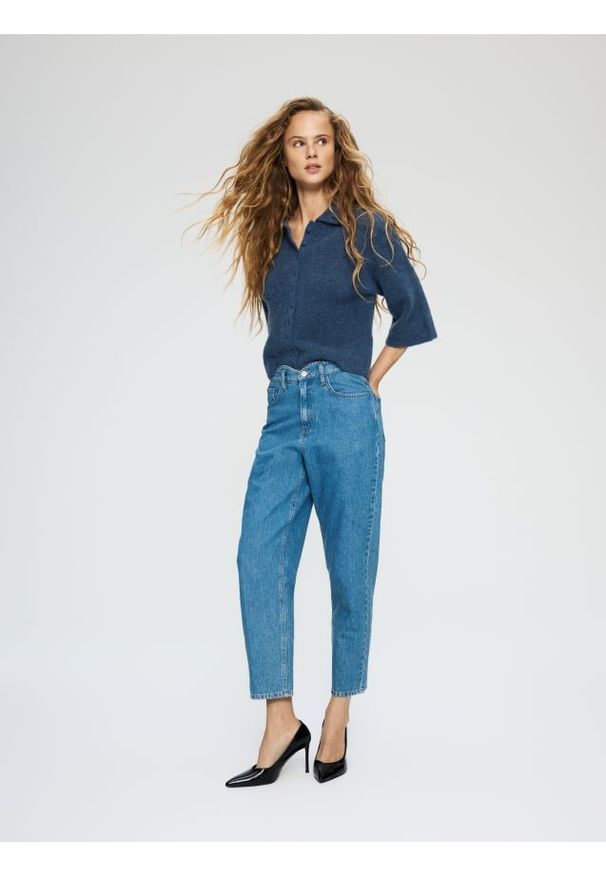 Reserved - Kardigan z dodatkiem wełny z alpaki - granatowy. Kolor: niebieski. Materiał: wełna