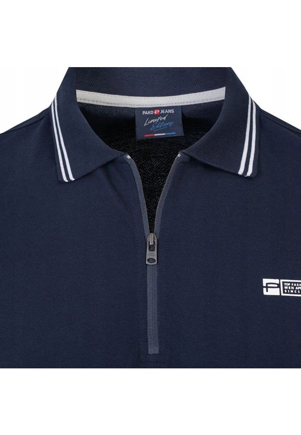 Koszulka Polo - Męska - Pako Jeans - Granatowa, Dekolt na Zamek. Okazja: na co dzień. Typ kołnierza: polo. Kolor: niebieski. Materiał: bawełna. Styl: casual