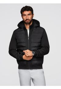 Ombre Clothing - Pikowana kurtka bomberka z kapturem i dzianinowymi rękawami – czarna V1 - Rozmiar: XL. Typ kołnierza: kaptur. Kolor: czarny. Materiał: dzianina. Wzór: aplikacja, nadruk. Styl: klasyczny #3