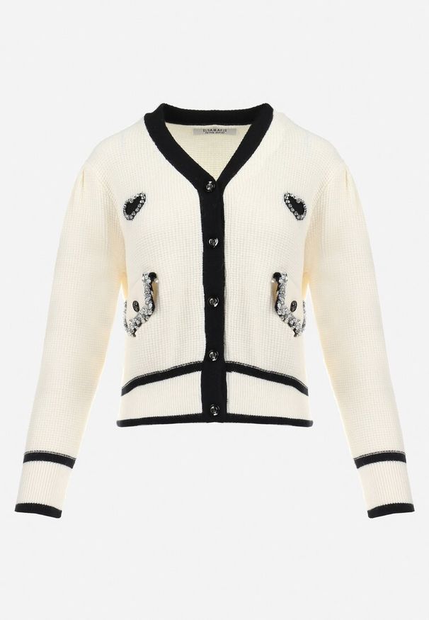 Born2be - Jasnobeżowy Sweter Kardigan z Wiskozy z Naszywką Serca i Perłowymi Kieszeniami Aradhya. Kolor: beżowy. Materiał: wiskoza. Wzór: aplikacja