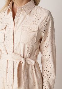 Born2be - Beżowa Bawełniana Sukienka z Ażurowym Wzorem i Paskiem Noviellea. Okazja: na co dzień. Kolor: beżowy. Materiał: bawełna. Wzór: ażurowy. Styl: casual, elegancki, klasyczny #7