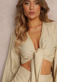 Renee - Jasnobeżowy 2-częściowy Komplet Casual z Bluzką i Spódnicą Mini Udekorowanych Wiązaniem Beasia. Kolor: beżowy #5