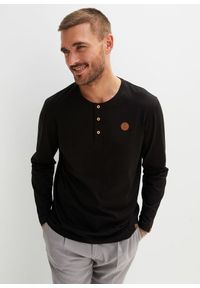 bonprix - Shirt z dekoltem henley, długi rękaw (2 szt.), bawełna organiczna. Typ kołnierza: typu henley. Kolor: czarny. Materiał: bawełna. Długość rękawa: długi rękaw. Długość: długie