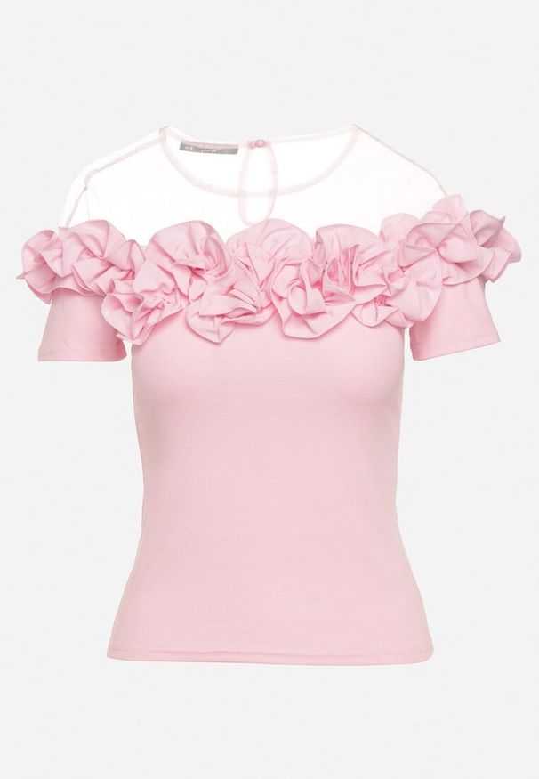 Born2be - Różowa Bawełniana Bluzka z Krótkim Rękawem i Siateczkową Wstawką Ozdobiona Falbanką Lelalia. Kolor: różowy. Materiał: bawełna. Długość rękawa: krótki rękaw. Długość: krótkie. Wzór: aplikacja. Styl: elegancki