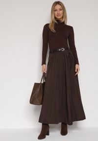 Born2be - Brązowa Wiskozowa Spódnica o Rozkloszowanym Kroju z Paskiem z Klamrą Lawedisa. Okazja: na co dzień, do pracy, na spotkanie biznesowe. Kolor: brązowy. Materiał: wiskoza. Styl: biznesowy, klasyczny, casual, elegancki #4