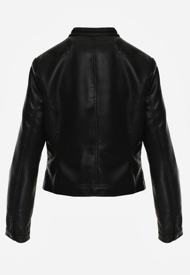 Renee - Czarna Taliowana Kurtka Ramoneska Y2K ze Stójką Fezilae. Okazja: na co dzień. Typ kołnierza: kołnierzyk stójkowy. Kolor: czarny. Materiał: poliester, skóra. Sezon: lato. Styl: casual, elegancki