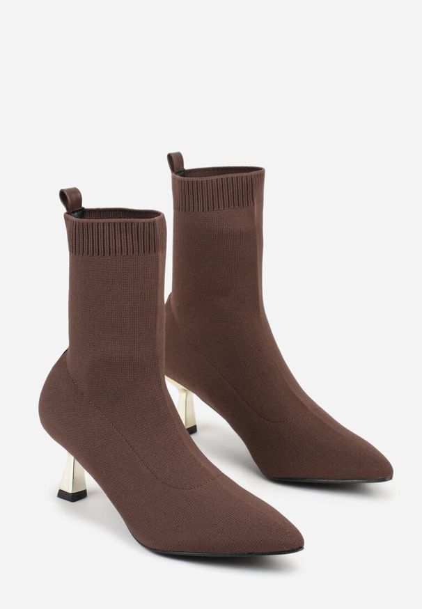 Born2be - Brązowe Botki Vices na Metalicznej Szpilce Kaczuszce ze Skarpetową Cholewką Vamige. Okazja: na co dzień. Kolor: brązowy. Materiał: jeans. Szerokość cholewki: normalna. Obcas: na szpilce. Styl: casual, klasyczny