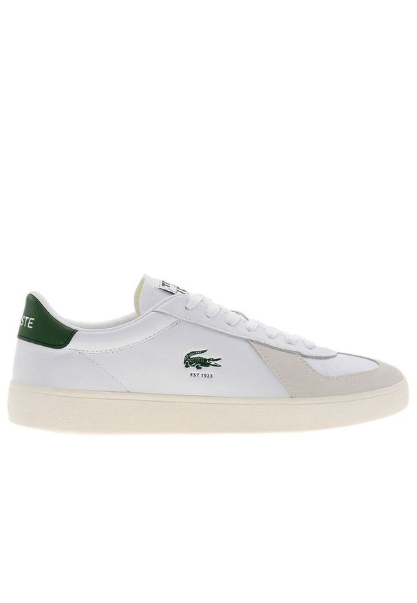 Buty męskie Lacoste Baseshot Pro 125 3 SMA 749SMA0063-65T - białe. Okazja: na co dzień. Zapięcie: sznurówki. Kolor: biały. Materiał: guma, skóra, zamsz. Szerokość cholewki: normalna. Wzór: aplikacja