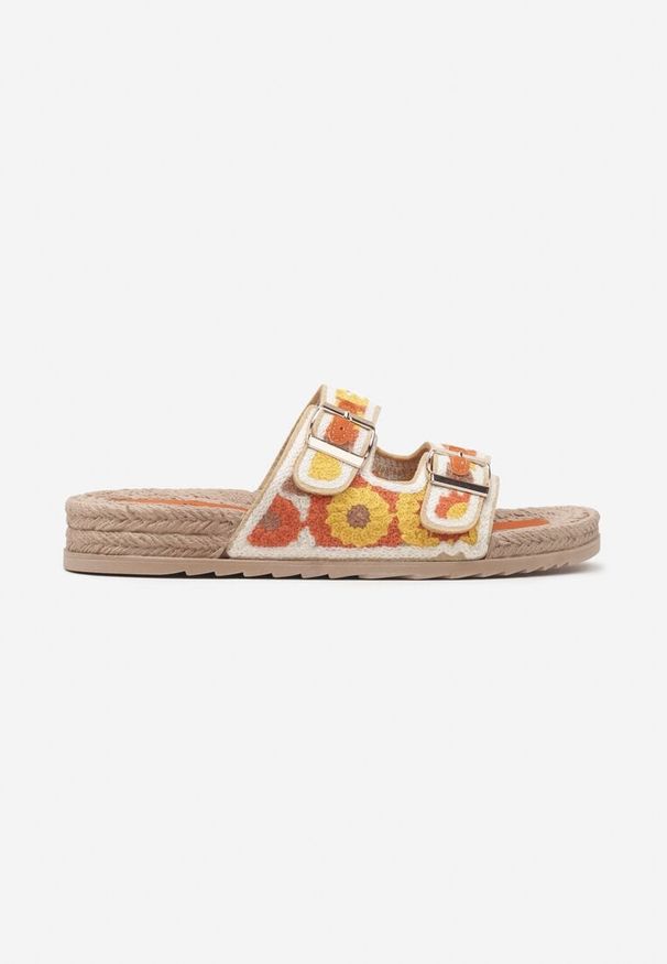 Renee - Pomarańczowe Klapki z Geometrycznym Motywem i Plecionką Setoriela. Okazja: na co dzień. Kolor: pomarańczowy. Materiał: jeans. Wzór: geometria. Styl: elegancki, casual