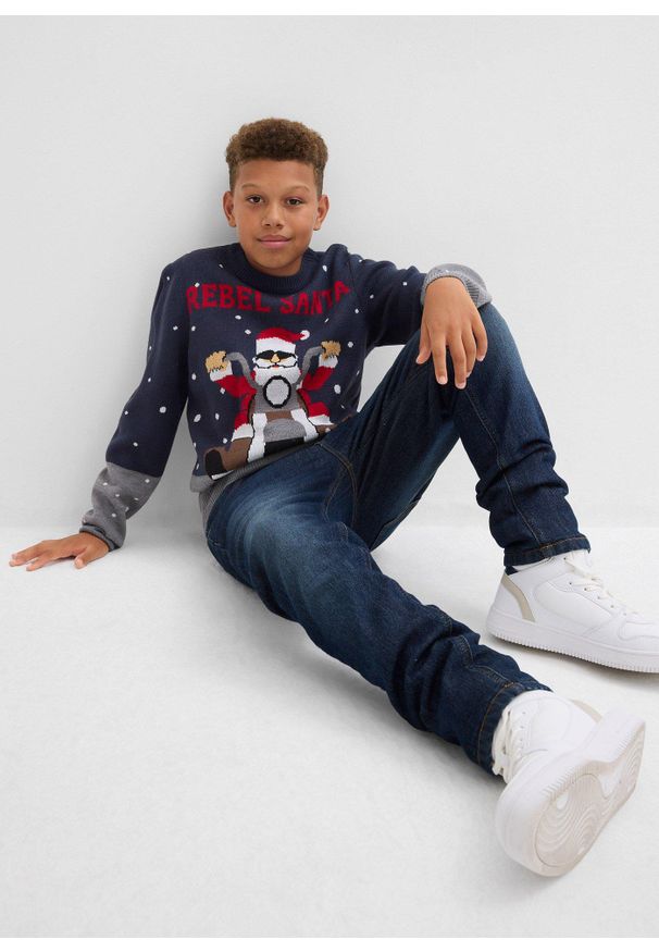 bonprix - Cienki sweter z motywem bożonarodzeniowym. Kolor: niebieski. Styl: wizytowy