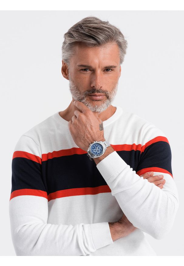 Ombre Clothing - Sweter męski - biały V5 - Rozmiar: XXL. Kolor: biały. Materiał: bawełna, jeans. Styl: klasyczny