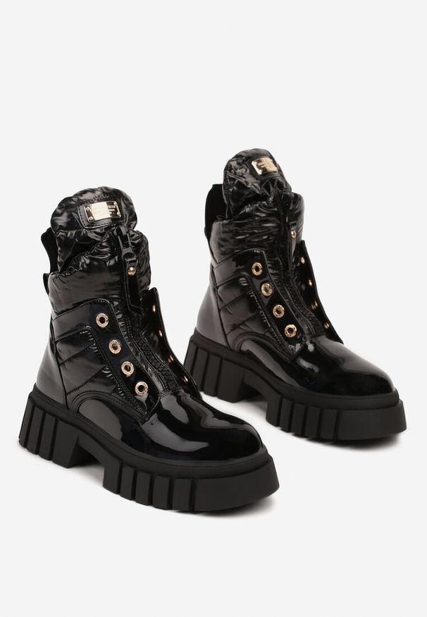 Born2be - Czarne Lakierowane Botki w Stylu Workerów Grunge Braliera. Okazja: na co dzień. Kolor: czarny. Materiał: lakier. Sezon: jesień, zima. Styl: elegancki, casual