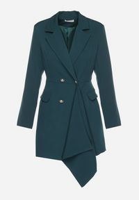 Born2be - Ciemnozielona Taliowana Sukienka o Kroju Marynarki z Mini Trenem Besista. Kolor: zielony. Długość rękawa: długi rękaw. Wzór: aplikacja. Styl: elegancki, klasyczny. Długość: mini #3