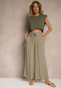 Renee - Ciemnozielone Szerokie Spodnie z Wiskozy ze Sznurkiem Natisetia. Okazja: na co dzień. Kolor: zielony. Materiał: wiskoza. Styl: elegancki, casual #3
