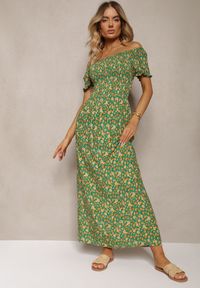 Renee - Zielona Sukienka z Wiskozy Tariya. Typ kołnierza: dekolt hiszpanka. Kolor: zielony. Materiał: wiskoza. Wzór: gładki, aplikacja, kwiaty, nadruk. Styl: boho. Długość: maxi