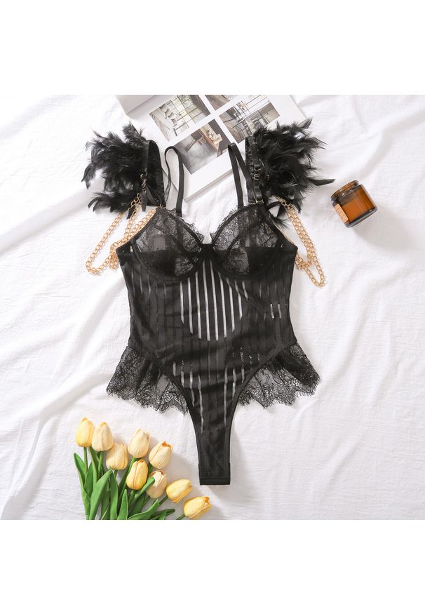 Intica - Body z piórkami na specjalne okazje Ingerlise. Kolor: czarny. Materiał: materiał, koronka. Wzór: aplikacja