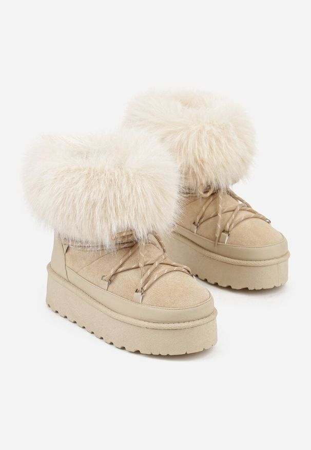 Renee - Beżowe Śniegowce na Platformie Ozdobione Futerkiem Teswena. Okazja: na co dzień. Kolor: beżowy. Materiał: futro. Wzór: aplikacja. Sezon: zima. Obcas: na platformie. Styl: casual, elegancki, klasyczny