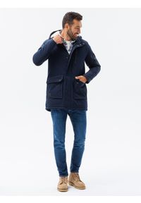 Ombre Clothing - Kurtka męska parka ocieplana sherpa - granatowa V2 OM-JALJ-0131 - L. Kolor: niebieski. Materiał: poliester #7