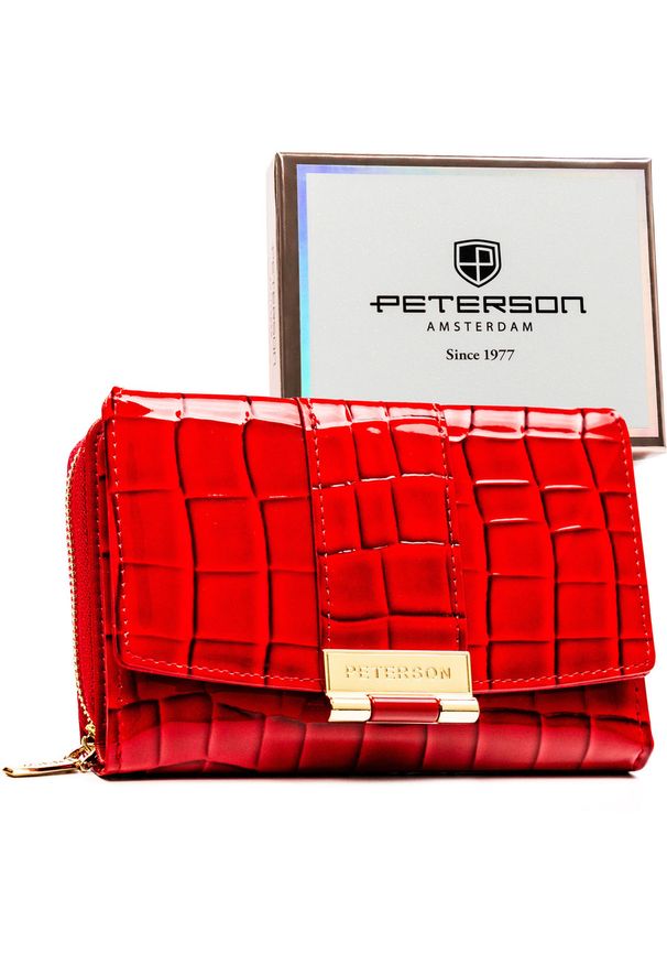 Portfel damski wykonany ze skóry ekologicznej w czerwonym kolorze z tłoczonym wzorem krokodylej skóry - Peterson. Kolor: czerwony. Materiał: skóra ekologiczna
