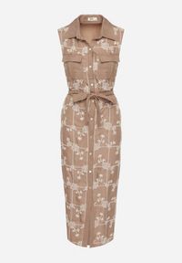 Born2be - Ciemnobeżowa Sukienka Bez Rękawów o Koszulowym Kroju z Paskiem Zdobiona Haftem Fodarela. Okazja: na co dzień. Kolor: beżowy. Długość rękawa: bez rękawów. Wzór: aplikacja, haft. Sezon: lato. Typ sukienki: koszulowe. Styl: klasyczny, casual, elegancki #6