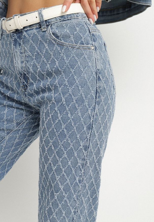 Born2be - Niebieskie Szerokie Bawełniane Jeansy z Wysokim Stanem ze Wzorem Rombów Tuzea. Okazja: na co dzień. Stan: podwyższony. Kolor: niebieski. Styl: elegancki, klasyczny, casual