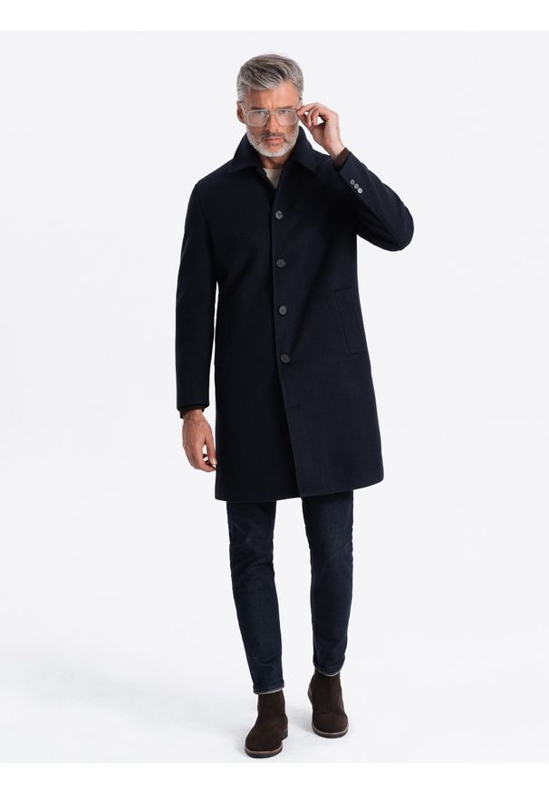 Ombre Clothing - Długi męski jednorzędowy płaszcz z kołnierzykiem i podpinką – granatowy V3 - Rozmiar: L. Okazja: na co dzień. Typ kołnierza: kołnierzyk koszulowy, komin. Kolor: niebieski. Materiał: wiskoza, poliester, materiał, syntetyk. Długość: długie. Wzór: jednolity. Styl: wizytowy, casual, elegancki