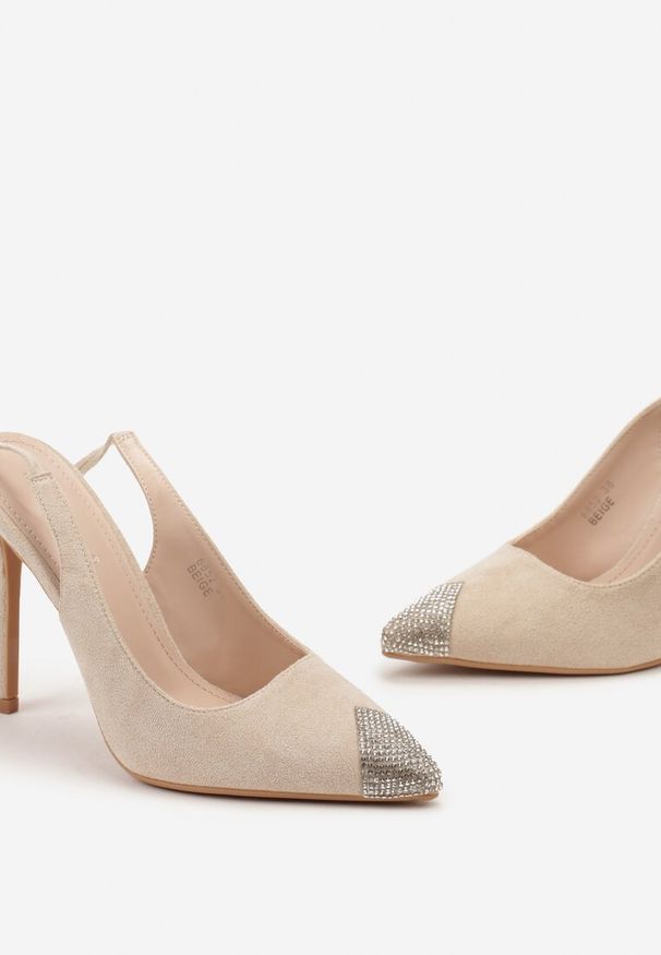 Renee - Beżowe Sandały z Noskiem Ozdobionym Cyrkoniami i Wiązaniem wokół Łydki na Szpilce Hlienoma. Kolor: beżowy. Wzór: aplikacja. Obcas: na szpilce. Styl: elegancki, wizytowy