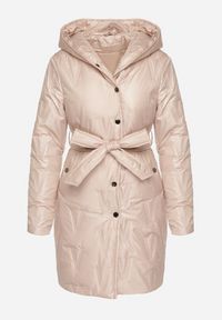 Born2be - Złoto-Różowa Kurtka z Pikowanymi Przeszyciami Kapturem i Wiązanym Paskiem Erlexie. Okazja: na spacer, na co dzień, na spotkanie biznesowe, do pracy. Kolor: złoty. Materiał: dzianina, jeans. Styl: casual, klasyczny, biznesowy #4