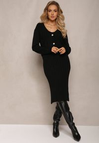 Renee - Czarny 2-częściowy Komplet Dzianinowy z Sukienką i Kardiganem Finariel. Kolor: czarny. Materiał: dzianina