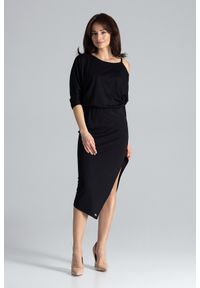 Lenitif - Asymetryczna sukienka z kimonowym rękawem czarna. Okazja: na co dzień. Kolor: czarny. Materiał: tkanina. Typ sukienki: asymetryczne. Styl: casual #4