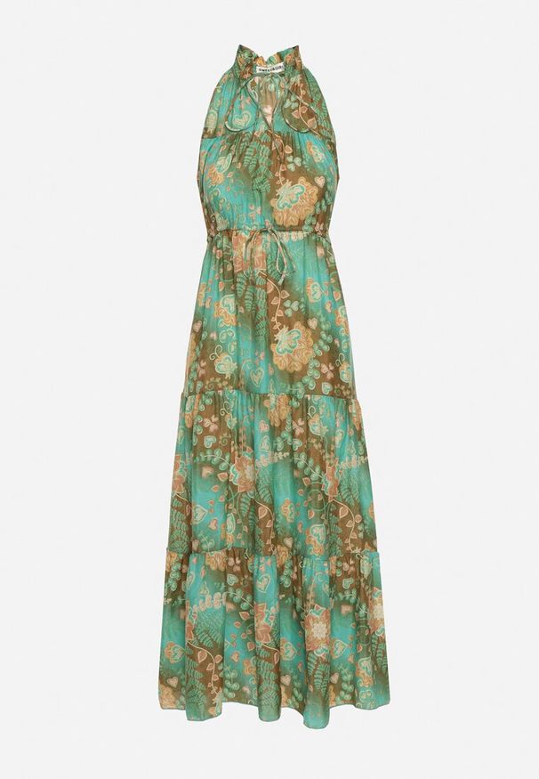 Born2be - Zielona Taliowana Sukienka w Kwiaty z Gumką w Pasie i Wiązaniem przy Szyi Lusaria. Okazja: na co dzień. Kolor: zielony. Materiał: skóra. Długość rękawa: bez rękawów. Wzór: kwiaty. Sezon: wiosna, lato. Styl: casual, elegancki, boho