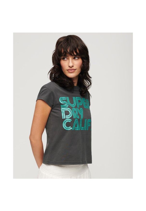 Superdry - Koszulka z krótkim rękawem z błyszczącym retro logo. Kolor: czarny. Długość rękawa: krótki rękaw. Długość: krótkie