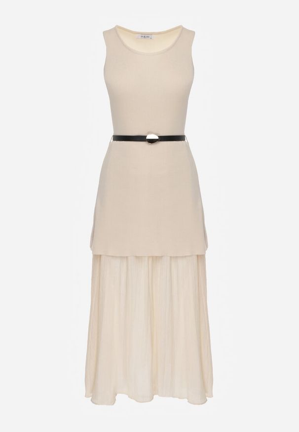 Renee - Beżowa Dzianinowa Sukienka z Wiskozą Zdobiona Podszewką i Paskiem z Klamrą Arkilia. Okazja: na co dzień. Kolor: beżowy. Materiał: dzianina, wiskoza. Wzór: aplikacja. Styl: casual