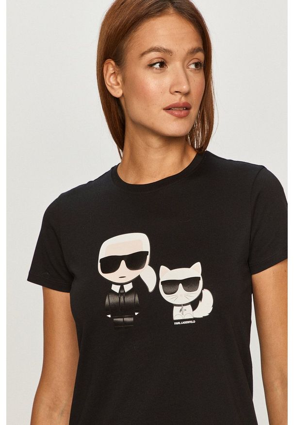 Karl Lagerfeld - T-shirt 210W1724. Okazja: na co dzień. Kolor: czarny. Materiał: dzianina. Wzór: nadruk. Styl: casual