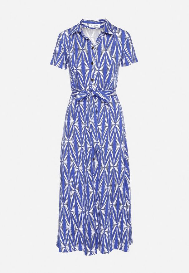 Born2be - Niebieska Sukienka Koszulowa w Geometryczny Wzór Zapinana na Guziki z Materiałowym Paskiem Thilea. Okazja: na spotkanie biznesowe. Kolor: niebieski. Materiał: materiał. Wzór: geometria. Typ sukienki: koszulowe. Styl: biznesowy