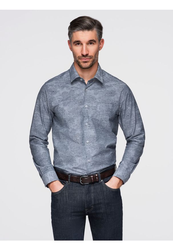 Ombre Clothing - Klasyczna flanelowa męska koszula bawełniana w kwiaty - szara V3 - Rozmiar: S. Typ kołnierza: kołnierzyk klasyczny. Kolor: szary. Materiał: bawełna. Długość rękawa: długi rękaw. Długość: długie. Wzór: kwiaty. Styl: klasyczny